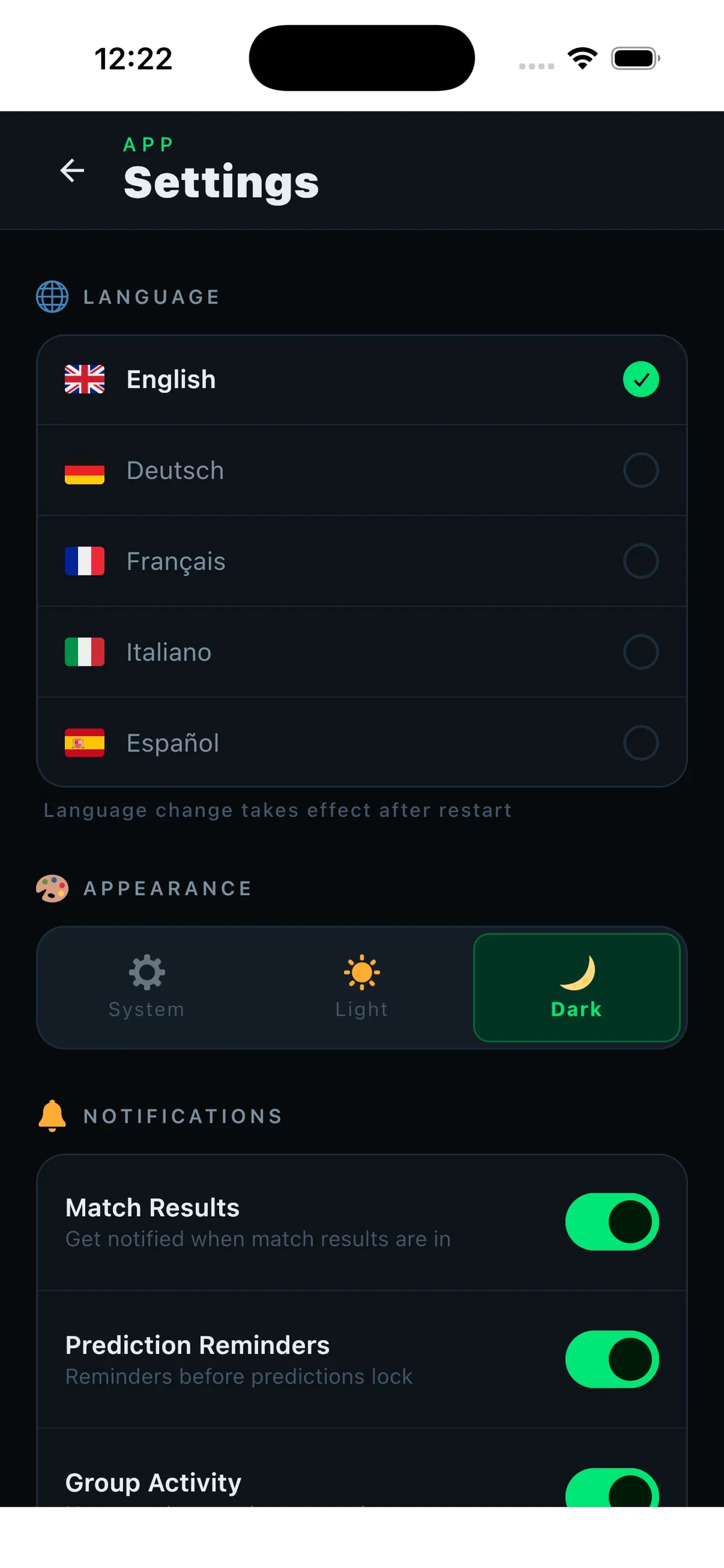 Captura de pantalla: Idioma, tema y notificaciones