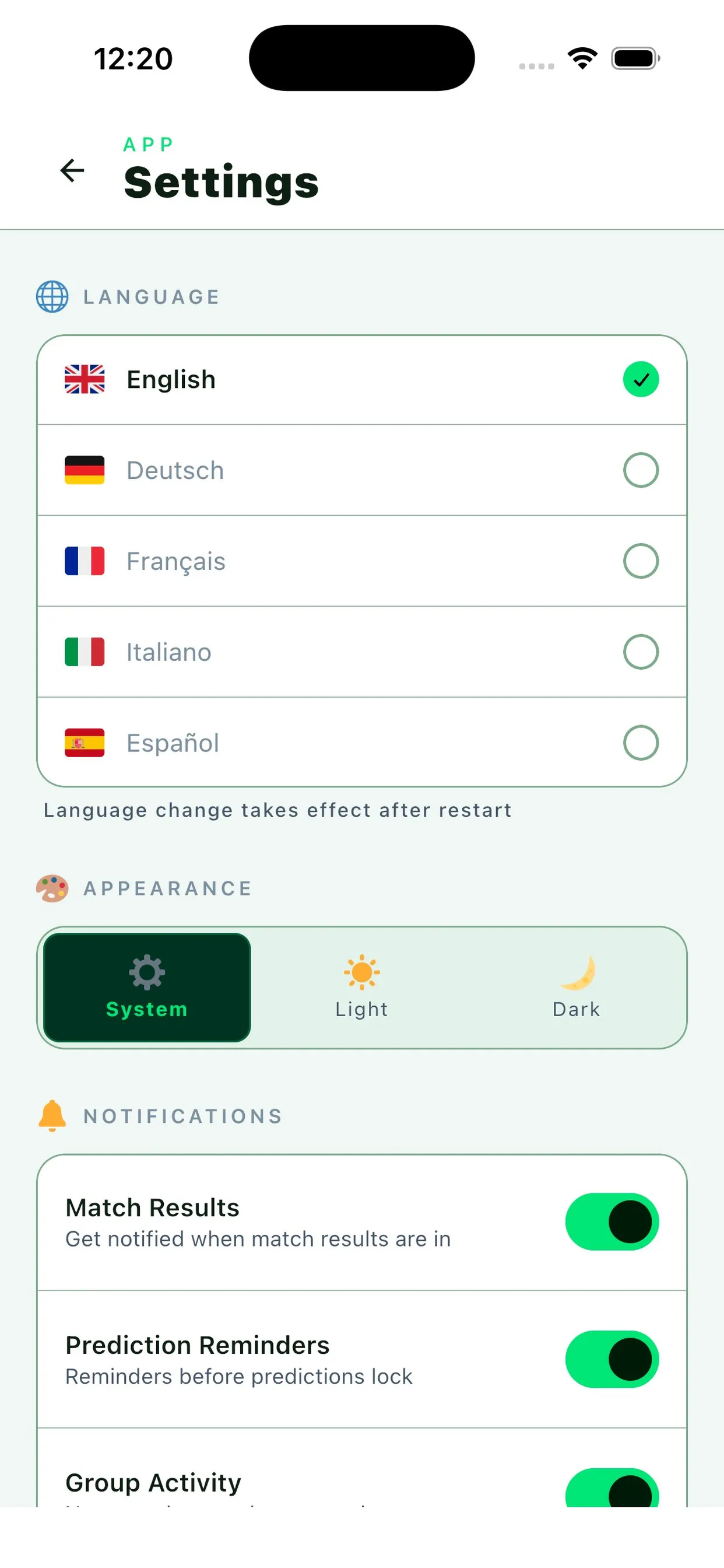 Captura de pantalla: Idioma, tema y notificaciones